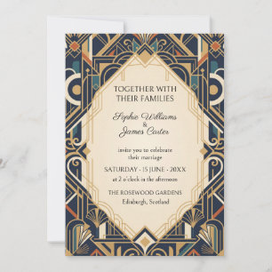 Convite de Casamento Navy Teal Gold Art Deco