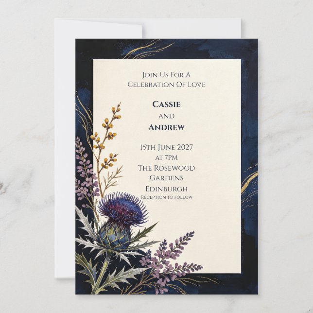 Convite de Casamento Navy Thistle Copper (Frente)