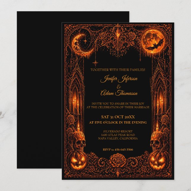 Convite de casamento neon gótico sombrio de Hallow (Frente/Verso)