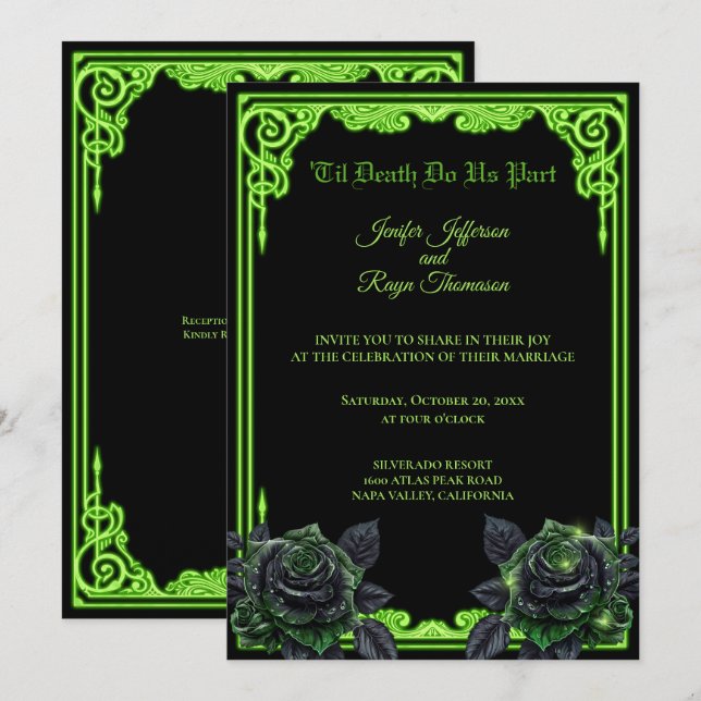 Convite de casamento Neon Verde com Brilho Gótico (Frente/Verso)