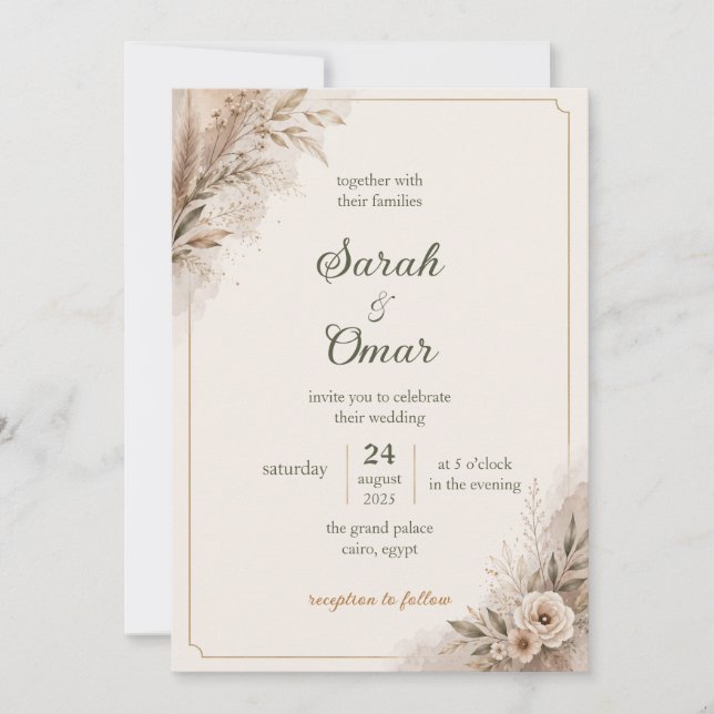 Convite de Casamento Neutro Boho com Grama das Pam (Frente)