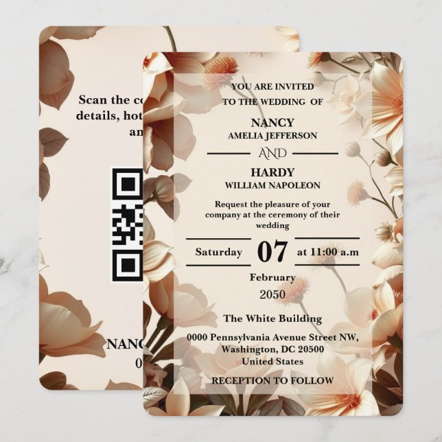 Convite de Casamento Neutro Floral Escultural (Frente/Verso)