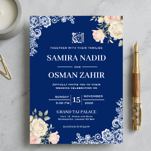 Convite de Casamento Nikkah Muçulmano Floral Azul