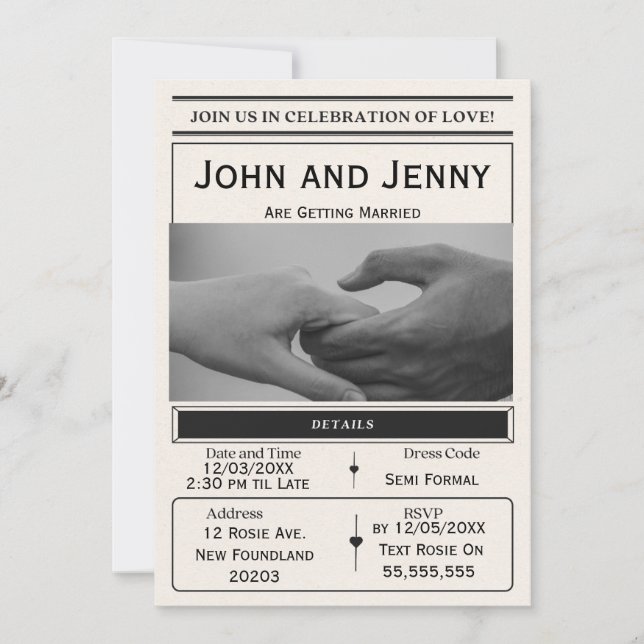 Convite de Casamento no Estilo Jornal | Personaliz (Frente)