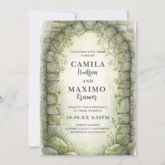 Convite de Casamento no Jardim com Arco de Pedra R (Frente)