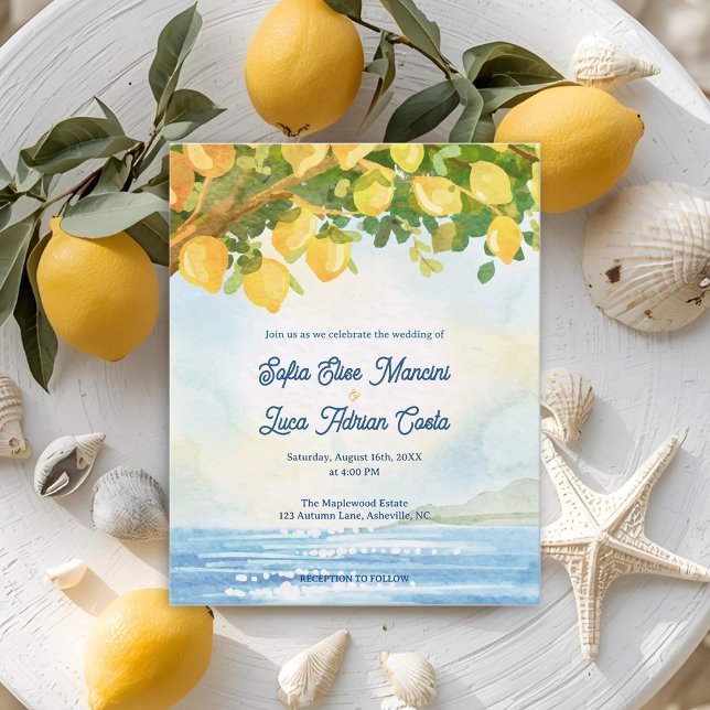 Convite de Casamento no Pomar de Limões Mediterrân (Mediterranean Lemon Grove Coastal Wedding Invite)