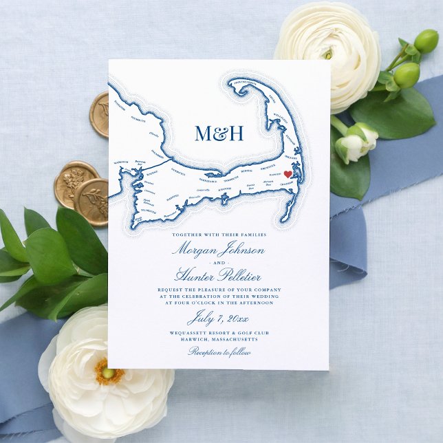 Convite de Casamento no Wequassett Resort | Cape C (Elegant Wequassett Resort and Golf Club wedding invitation featuring a map of Cape Cod)