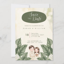 Convite de Casamento Noiva Noivo Aquarela Verde