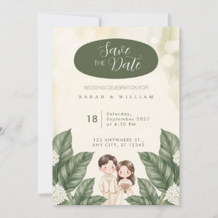 Convite de Casamento Noiva Noivo Aquarela Verde