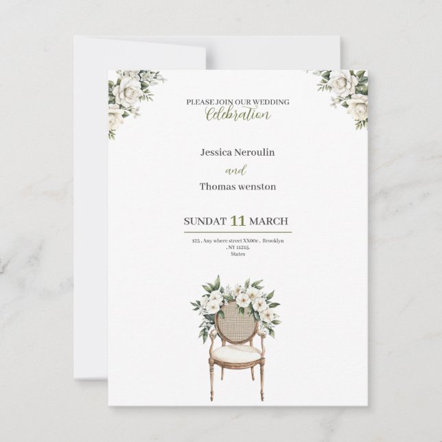 convite de casamento noiva rosas brancas douradas  (Frente)