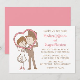 Convite de Casamento Noivo Noiva Cartoon Rosa Marr