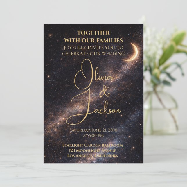 Convite de Casamento Noturno Estelar Celestial (Em pé/Frente)