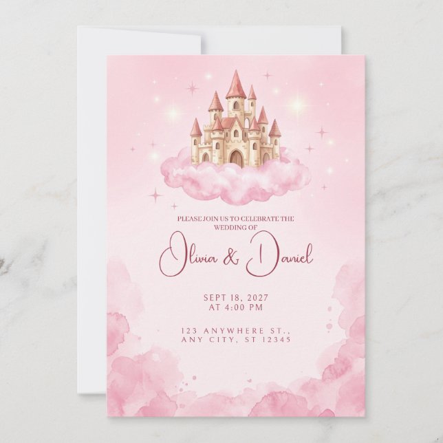Convite de Casamento Nuvem Castelo Rosa Flutuante (Frente)
