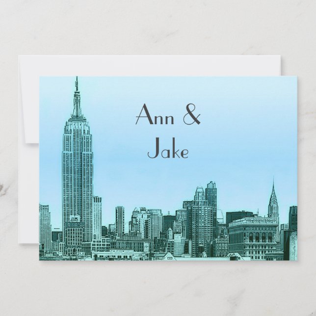 Convite de Casamento NYC Skyline 01 Teal Etched 2 (Frente)