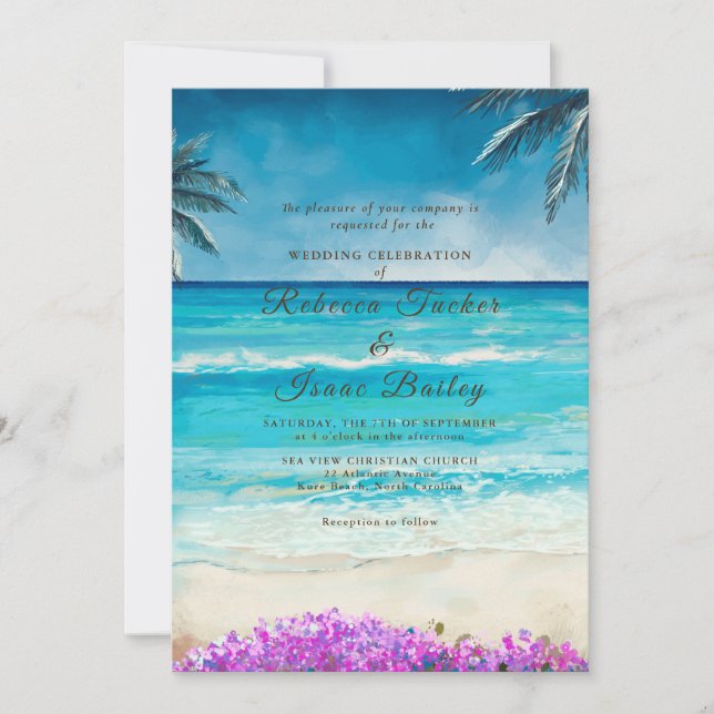 Convite de Casamento Oceano Azul Praia Aquarela (Frente)
