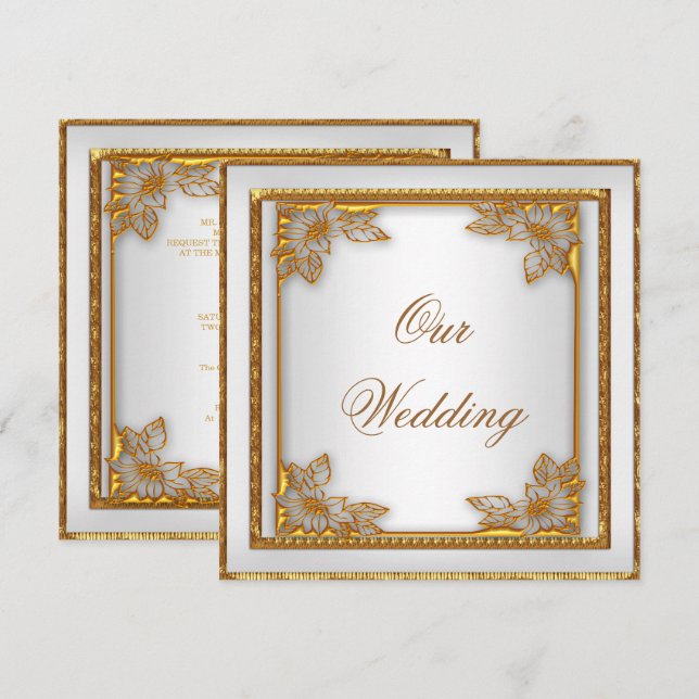 Convite de Casamento Old Gold Branco Art Déco (Frente/Verso)
