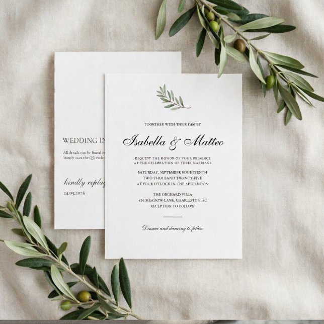 Convite de Casamento Olive Branch com Código QR (Criador carregado)