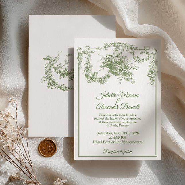 Convite de Casamento Olive Sage Toile de Jouy Pari (Criador carregado)