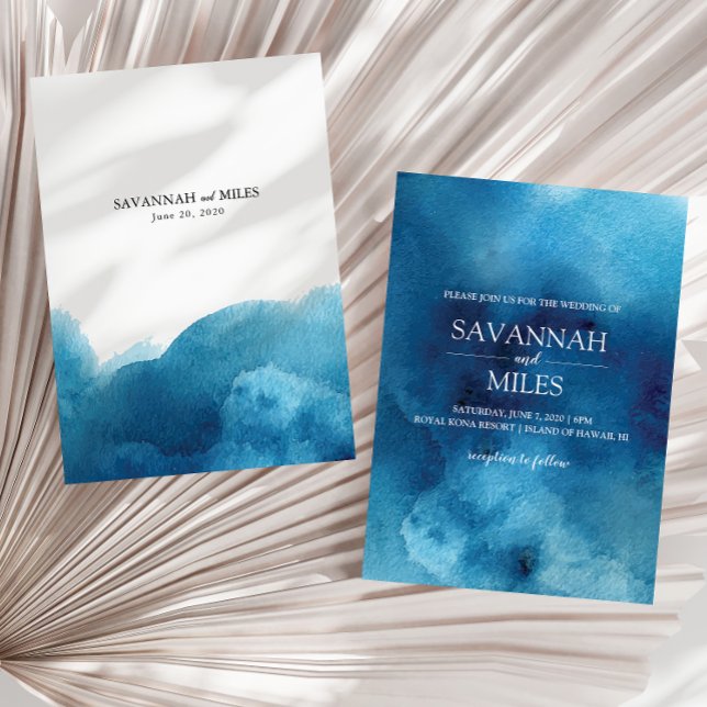 Convite de Casamento Onda do Oceano Azul Aquarela (Criador carregado)