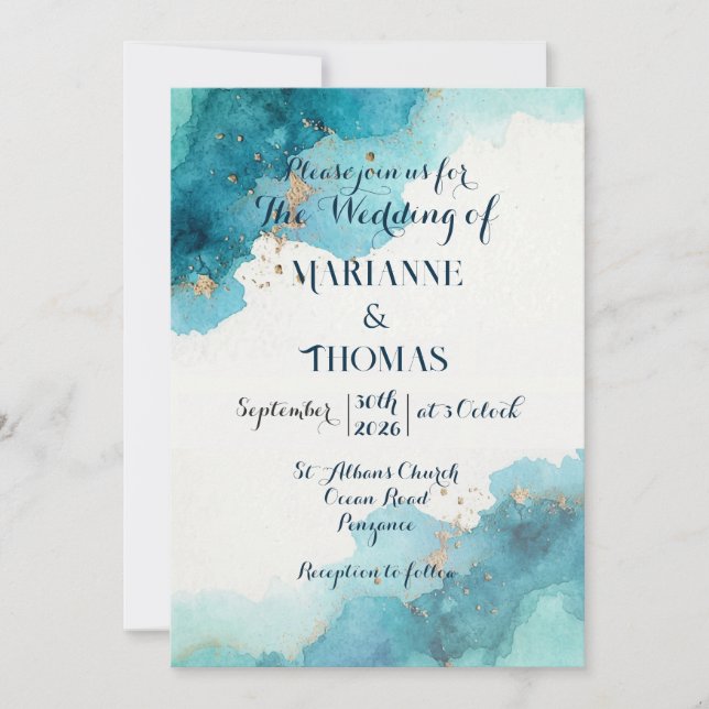 Convite de casamento - onda em aquarela (Frente)