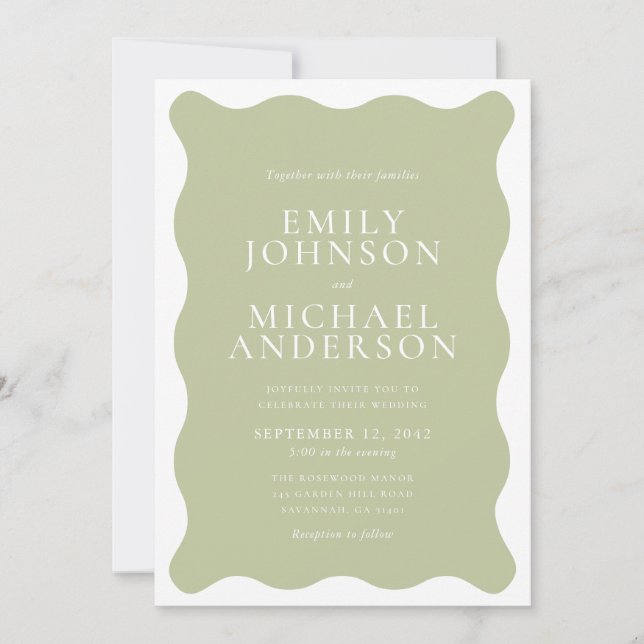 Convite de Casamento Ondulado Verde Sage (Frente)