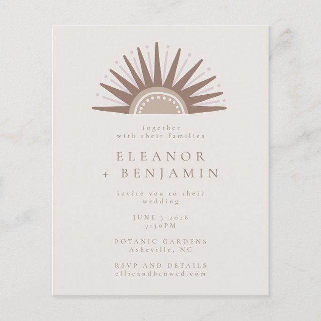 Convite de Casamento Orçamental Único para Boho Su (Frente)