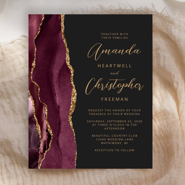 Convite de Casamento Orçamento Burgundy Gold Ágata (Criador carregado)