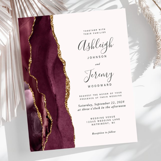 Convite de Casamento Orçamento Burgundy Gold Agate (Criador carregado)