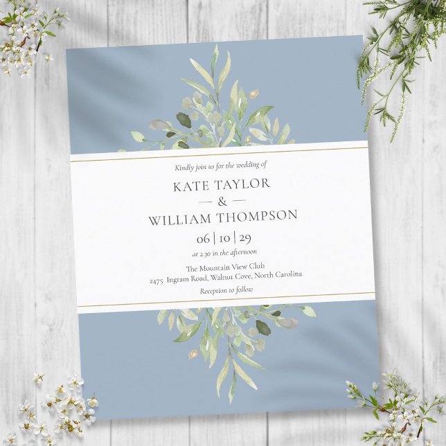 Convite de Casamento Orçamento Verde Poeira Azul (Budget Greenery Dusty Blue Wedding Invitation)