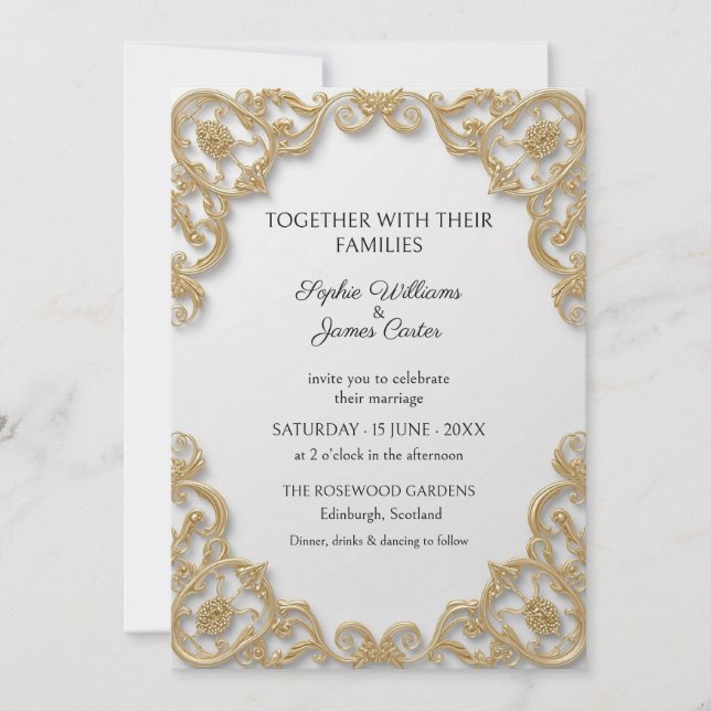 Convite de Casamento Ornatado em Ouro Branco com F (Frente)