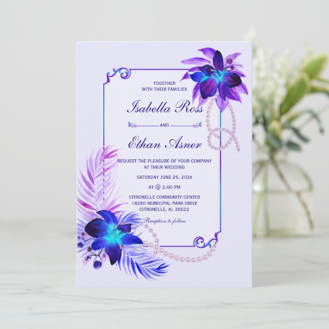 Convite de Casamento Orquídea Azul Turquesa Roxo (Em pé/Frente)