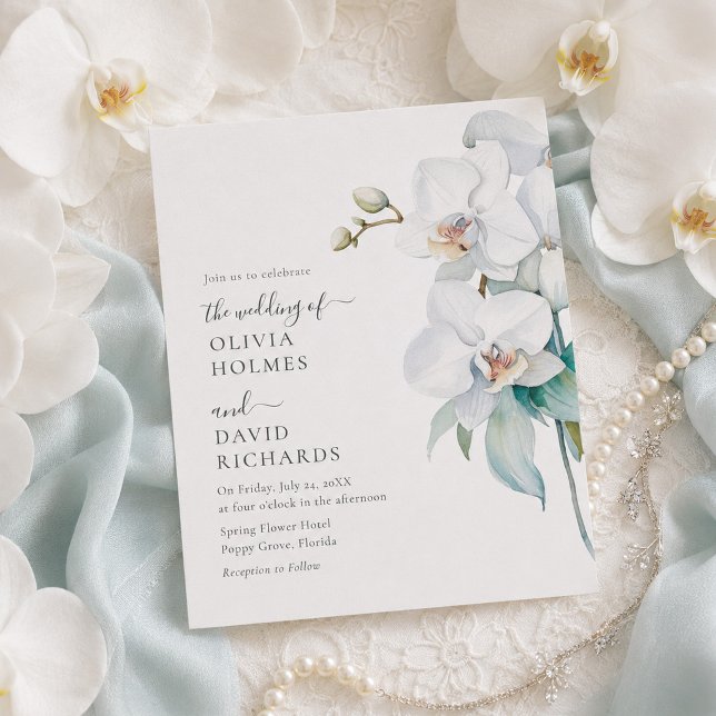 Convite de casamento Orquídea Branca Moderno Elega (Modern Elegant White Orchid Wedding Invite on a table with wedding decor and orhcids)