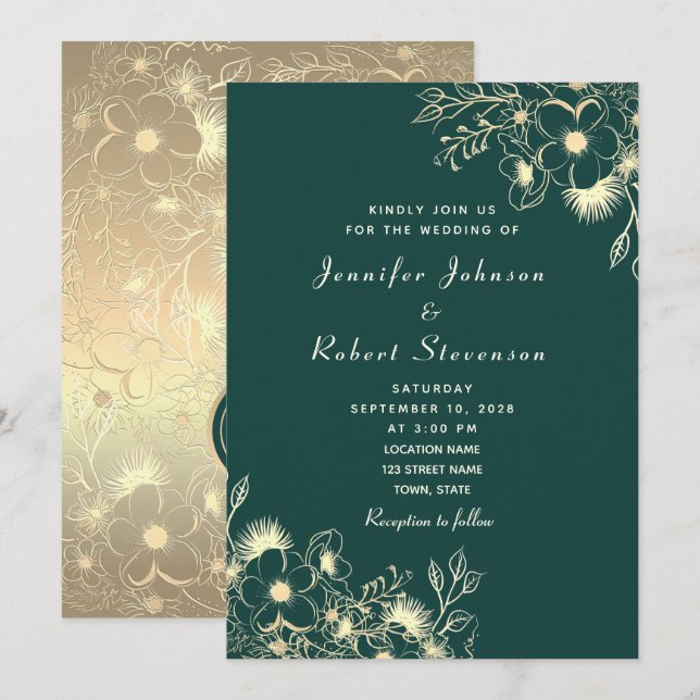 Convite de Casamento Ouro Verde Esmeralda (Frente/Verso)