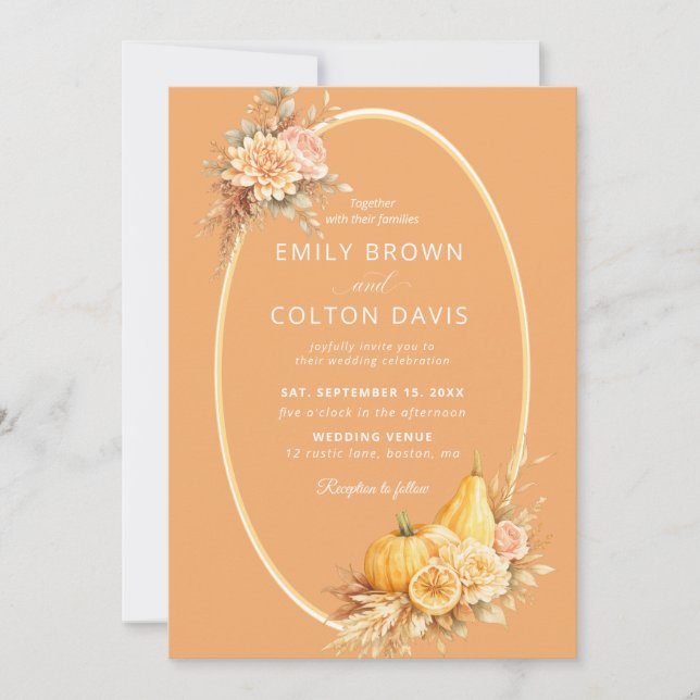 Convite de Casamento Outono Abóbora Dourado Elegan (Frente)