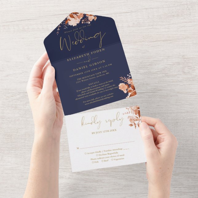 Convite de Casamento Outono Azul Naval Dourado RSV (Aba destacável)
