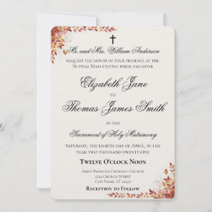 Convite de Casamento Outono Católico Vermelho e Do
