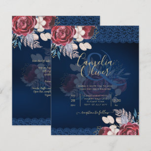 Convite de Casamento Outono com Renda de Rosas Azu