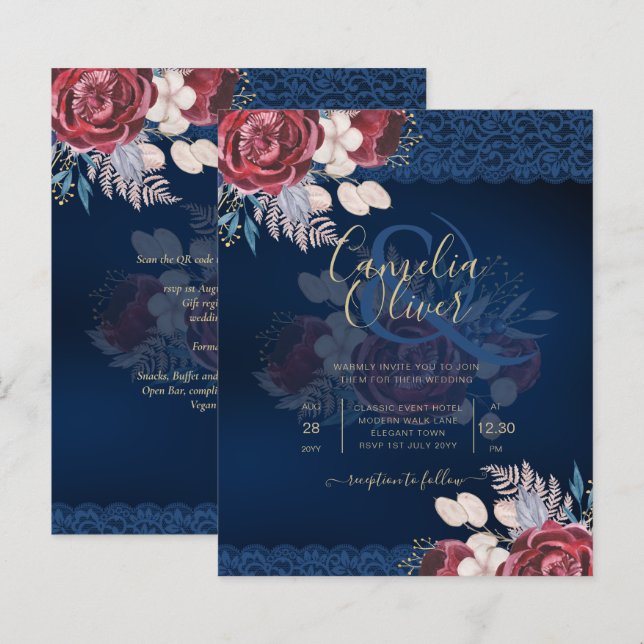 Convite de Casamento Outono com Renda de Rosas Azu (Frente/Verso)