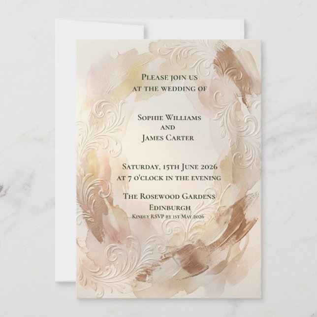 Convite de Casamento Oval Barroco Bege (Frente)