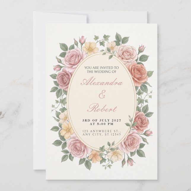 Convite de Casamento Oval Botânico Rosa Rosa (Frente)