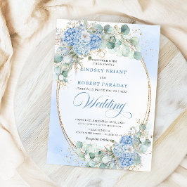 Convite de Casamento Oval Dourado Floral Azul Mode