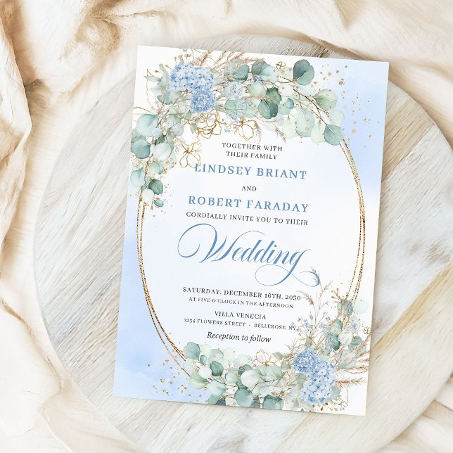 Convite de Casamento Oval em Trigo Floral Azul Chi (Chic Blue Floral Wheat Gold Oval Wedding Invite)