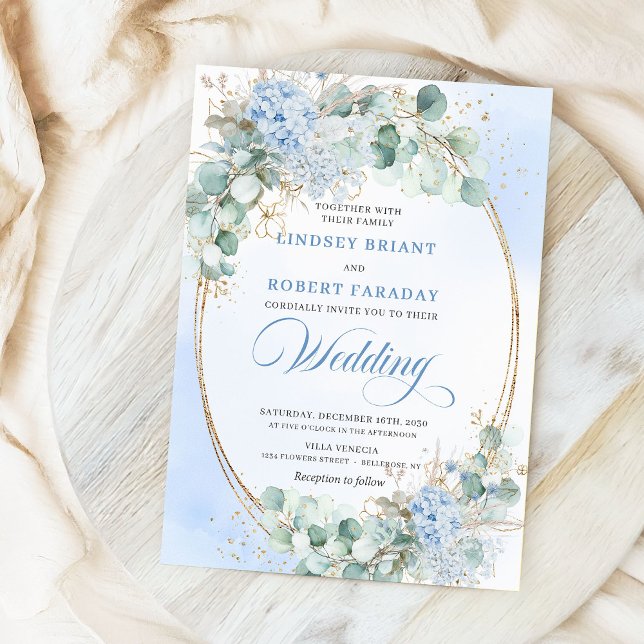 Convite de Casamento Oval em Trigo Floral Azul Sua (Soft Blue Floral Wheat Gold Oval Wedding Invitation)