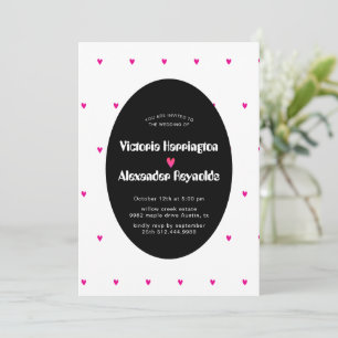 Convite de Casamento Oval Preto com Corações Rosa
