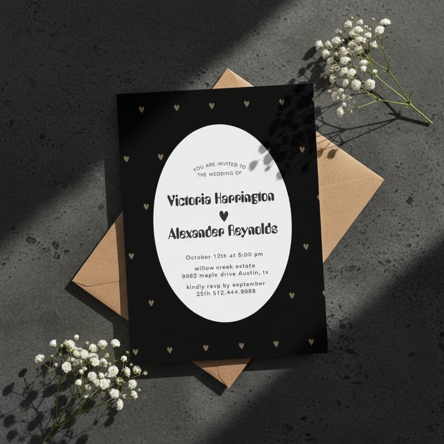 Convite de Casamento Oval Preto Elegante (Criador carregado)