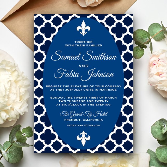 Convite de Casamento Oval Quatrefoil Azul Elegante (Criador carregado)