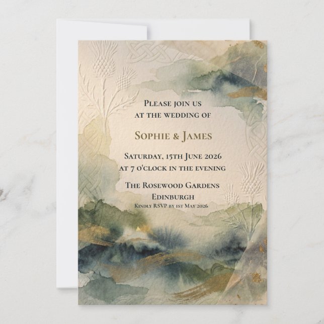 Convite de Casamento Paisagem Cardo Highland Mist (Frente)