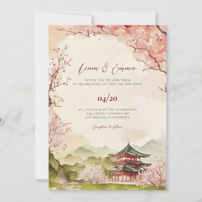 Convite de Casamento Paisagem Tradicional Japonesa (Frente)
