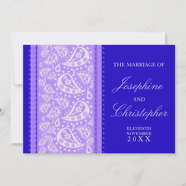 Convite de Casamento Paisley Azul Roxo (Frente)