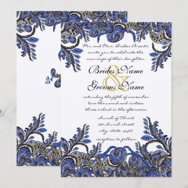 Convite de Casamento Paisley Pavão Azul Marinho e  (Frente/Verso)